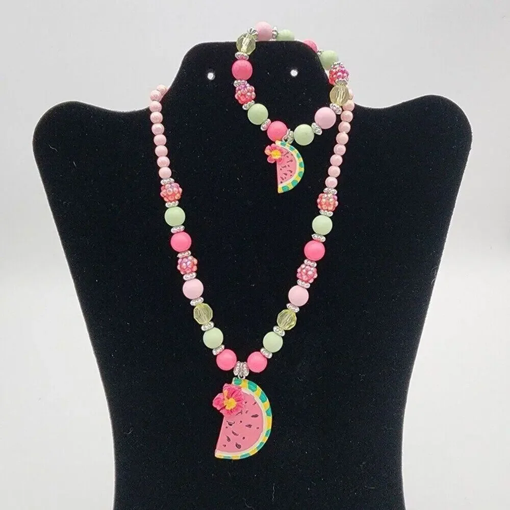 Girls Necklace and Bracelet Set Summer Pastel Beads Watermelon Pendant New